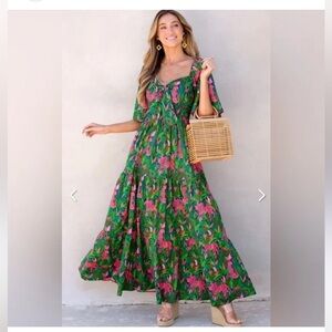 Peach and love California Dress  Vibrant Green and Pink Maxi Dress